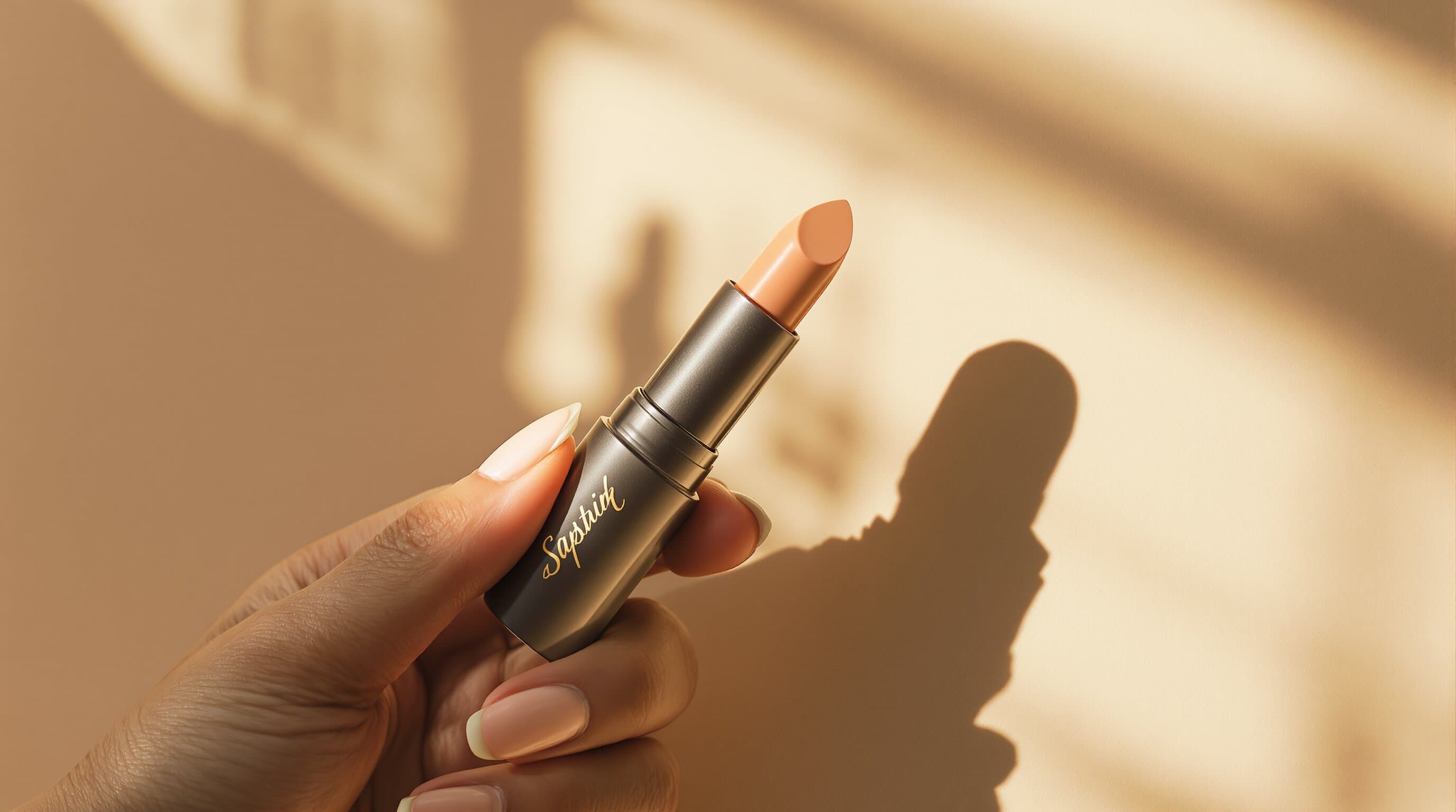 Hand holding a Your Next Store satin lipstick in warm nude