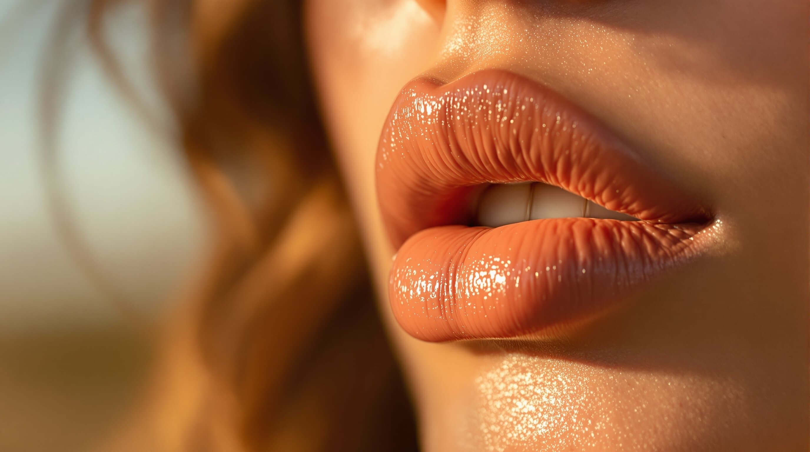 Glossy lips wearing a warm nude lip balm